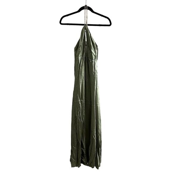 Reformation Yesenia Chain Halter Silk Formal Maxi Dress Artichoke Green - Picture 2 of 6